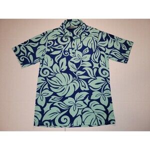 Iolani Hawaiian Blue Teal Leafs All Over Print AOP Golf Polo Mens Small USA Made